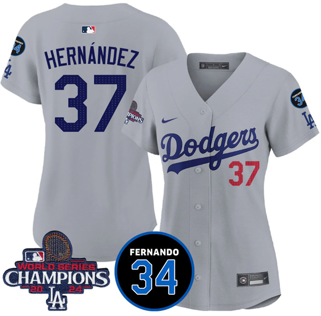 Women's Los Angeles Dodgers #37 Teoscar Hernández Gray 2024 World Series Champions With Fernando Memorial Patch Vapor Premier Limited Stitched Baseball Jersey(Run Small) Women's Los Angeles Dodgers #37 Teoscar Hernández Gray 2024 World Series Champions With Fernando Memorial Patch Vapor Premier Limited Stitched Baseball Jersey(Run Small)
